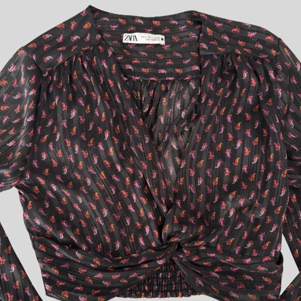 Zara Paisley Print Flowy Crop Blouse - Black Multi-Color - Size Small